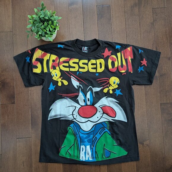 LOONEY TUNES SYLVESTER STRESSED OUT AOP GRAPHIC TSHIRT - Picture 1 of 3